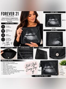 FOREVER 21 FAUX CROCODILE EMBOSSED CLUTCH – BLACK (NEW WITH TAGS) A30
